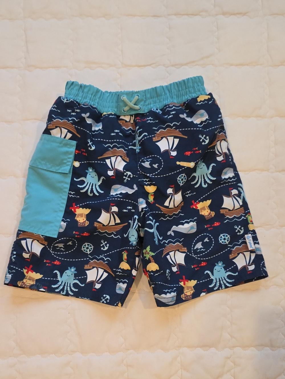 i play. Navy Swim Shorts with Aqua Waistband & Pocket